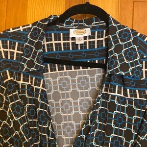 Talbot size 16 wrap dress with belt in black-grey, turquoise, beige, and teal.